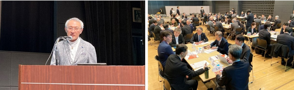 全国大会では応援士1期生の重永氏の講演（左）や自己紹介タイムが行われた写真画像