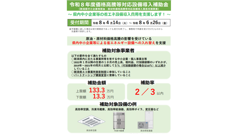 新潟県価格高騰等対応設備導入補助金のチラシ画像