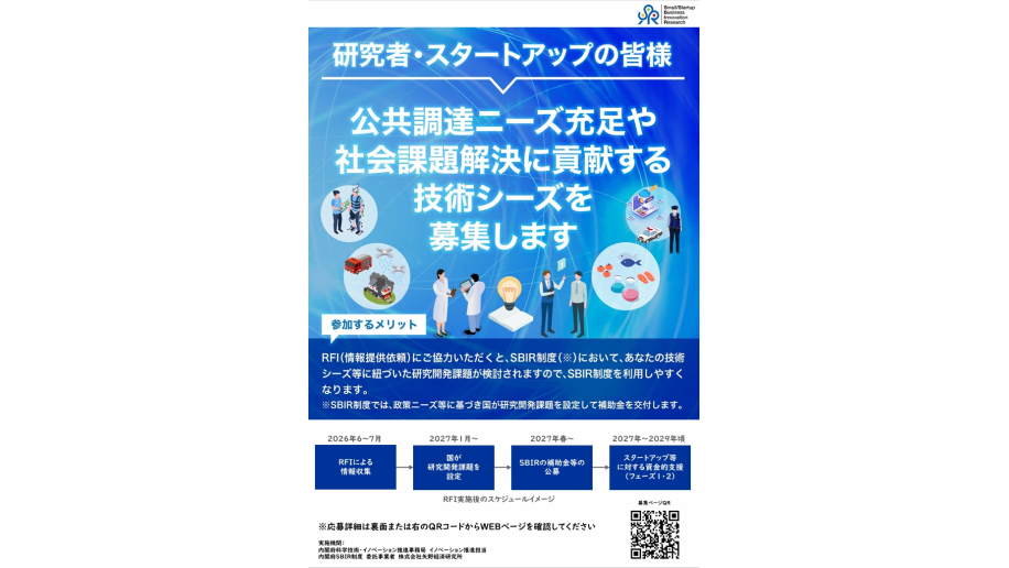 2026年度【SBIR制度に係るRFI（情報提供依頼）】公共調達ニーズ充足や社会課題解決に貢献する技術シーズ等の情報募集のチラシ画像