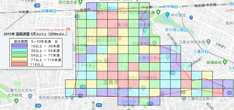 地図上に統計データを重ねて表示するグラフ表示の例（250mメッシュ）