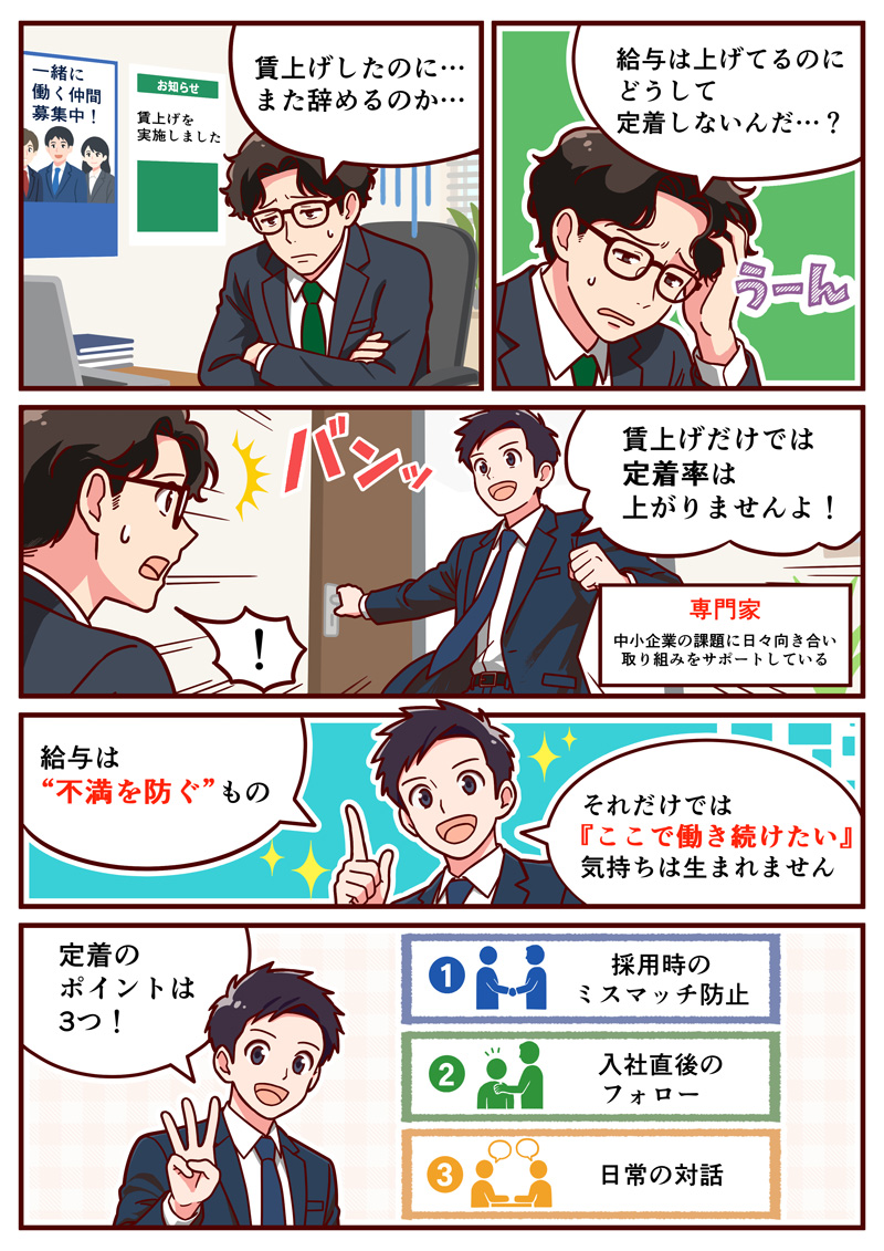 中小企業の従業員定着率向上と離職防止策のマンガ説明01