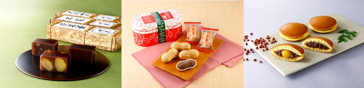 米屋の商品。（左から）羊羹、ぴーなっつ最中、どら焼き