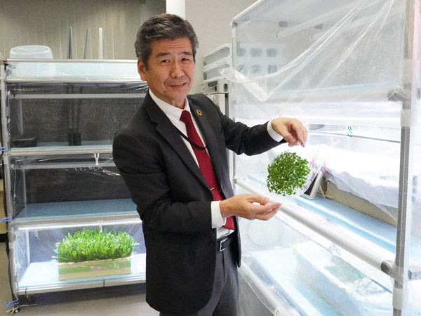 吉岡社長がトマトの苗を持つ写真