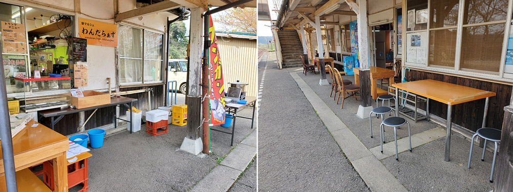 能登中島駅の店舗。駅ホームでカキのガンガン焼きを食べられる