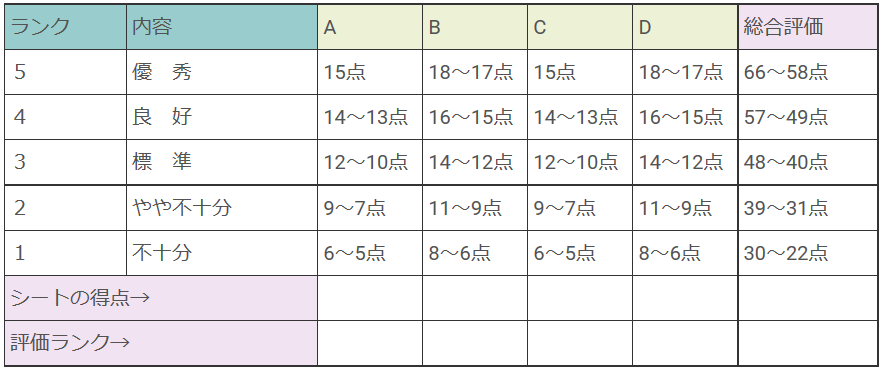 評価ランクの採点結果と問題点の整理のための表